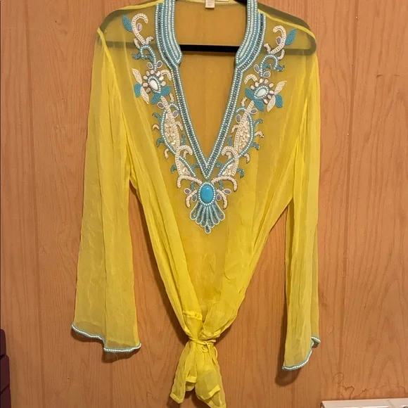 Boston Proper Yellow Tunic with Blue Embroidery - Picture 2 of 5